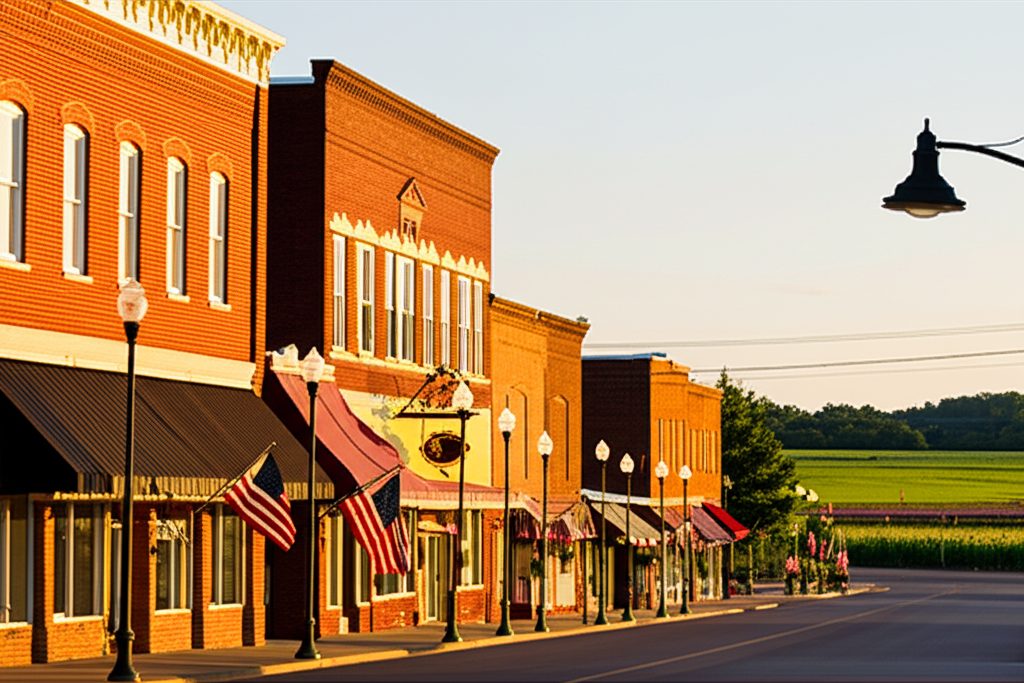 Ashley Indiana small rural town in DeKalb County featuring charming main street with brick storefronts, American flags, and agricultural farmland in background showcasing Midwest small town character