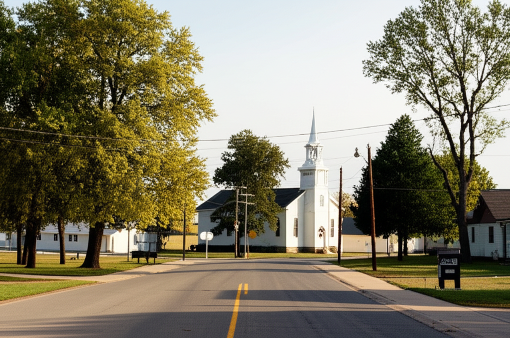 Corunna Indiana peaceful rural village in DeKalb County featuring historic town center, white church steeple, mature oak trees, and open Indiana farmland surrounding the close-knit community