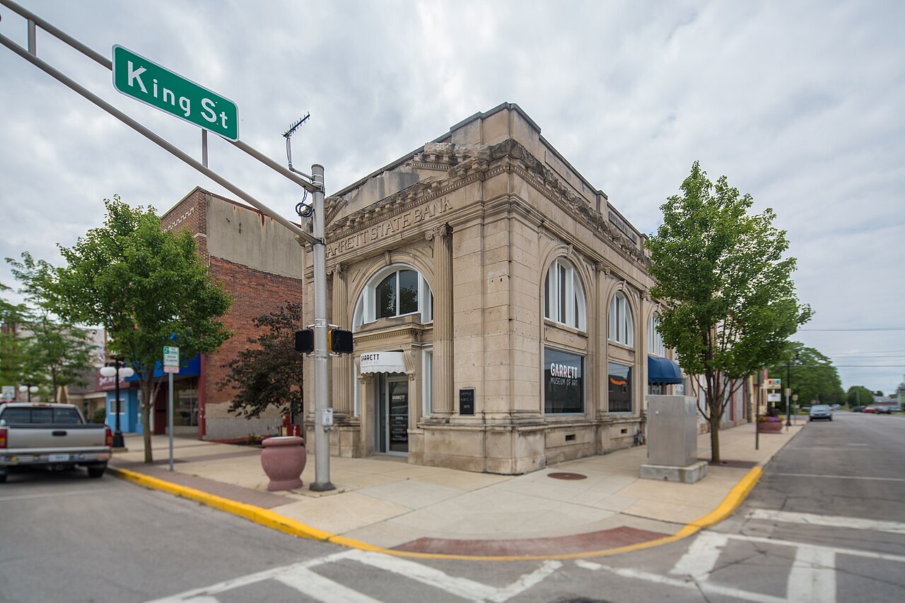 Historic Garrett State Bank building at King Street in downtown Garrett Indiana, now home to Garrett Museum of Art, showcasing the community's architectural heritage in DeKalb County