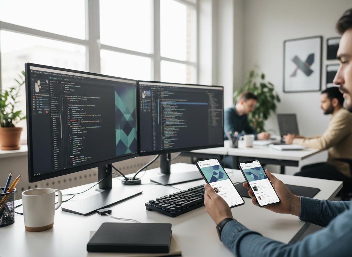 Mobile app development workspace with smartphone and tablet showing app interface for Fort Wayne Indiana businesses