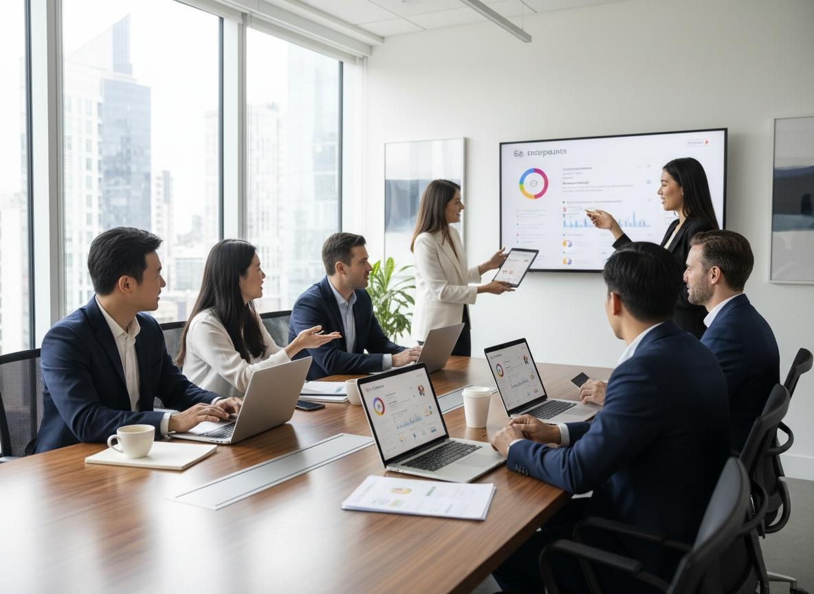 Digital marketing team meeting with laptops showing social media analytics for Fort Wayne Indiana businesses