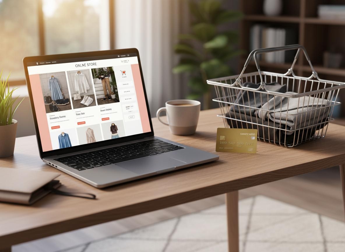 E-commerce shopping experience with laptop showing online store interface for Fort Wayne Indiana retailers
