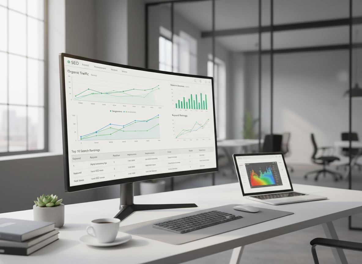 SEO analytics dashboard showing growth charts and search rankings for Fort Wayne Indiana business optimization