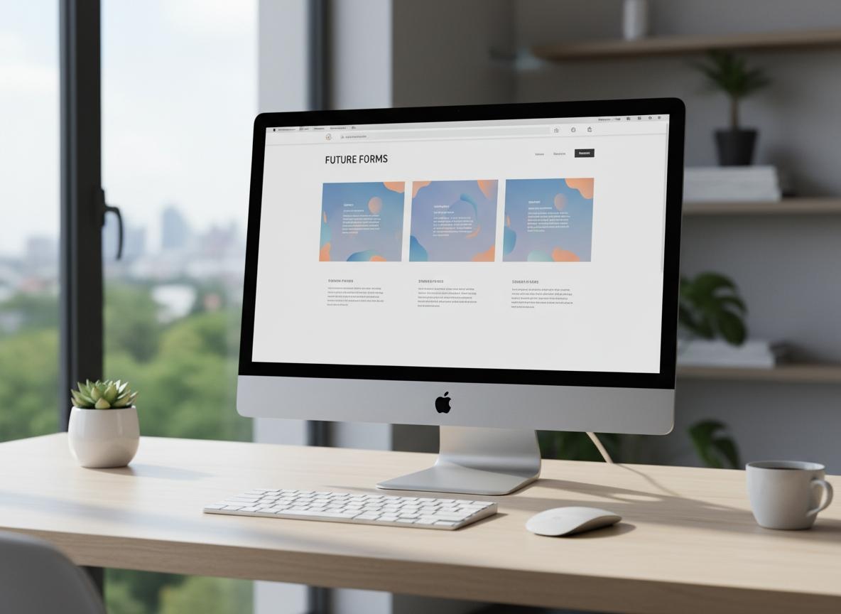 Professional web design workspace with modern computer displaying responsive website mockup for Fort Wayne Indiana businesses