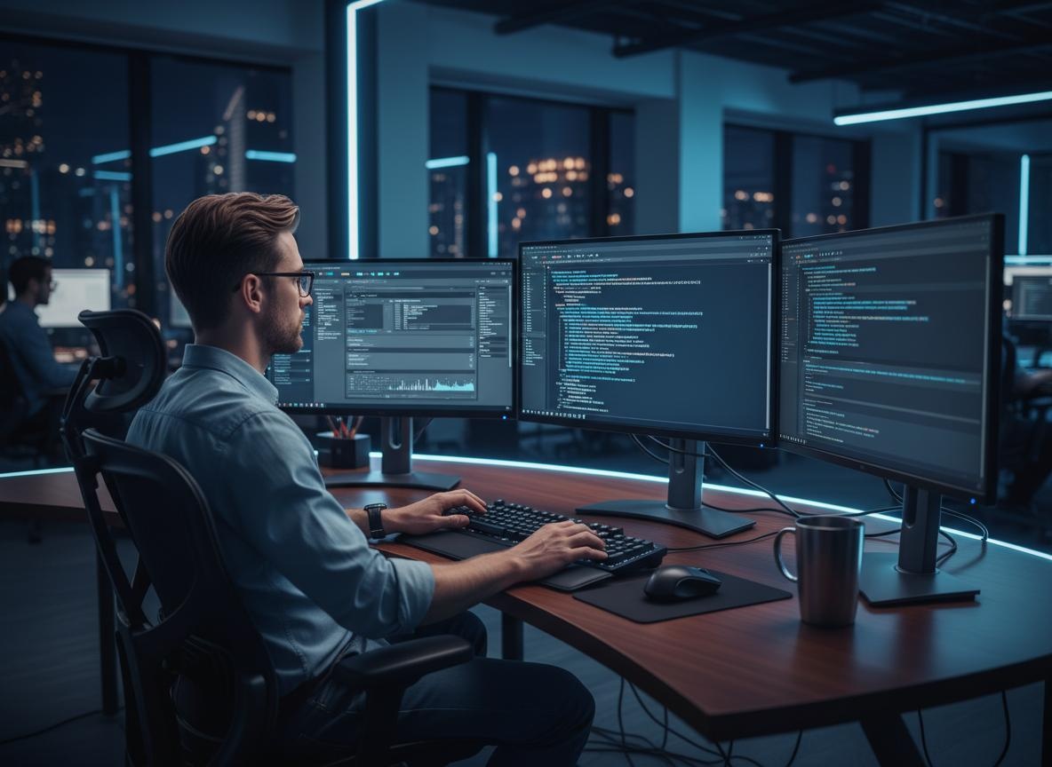Software developer coding on multiple monitors with modern code editor for Fort Wayne Indiana web development services
